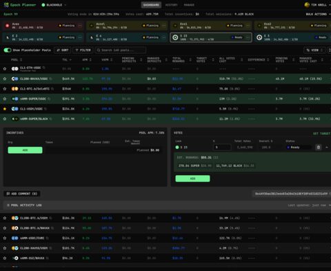 Epoch Planner dashboard with pools, votes, rewards, and an activity log