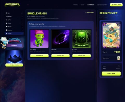 Bundle Origin flow with alien, UFO, and pet selection and a tiered preview