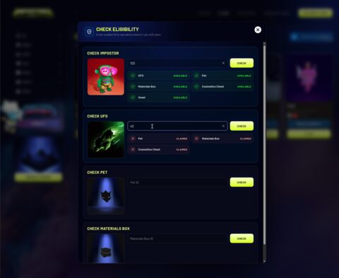 Eligibility modal checking impostors, UFOs, pets, and materials boxes