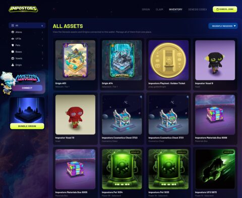 Impostors inventory grid showing origins, tickets, vessels, chests, and pets