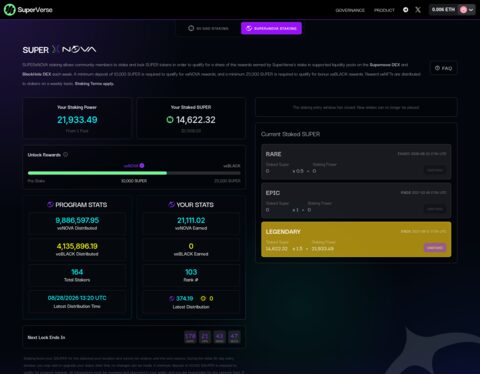 SUPER x NOVA staking dashboard with program stats and staked NFT tiers