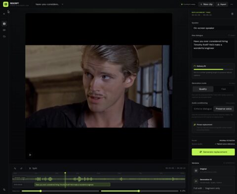Rescript Studio editor with the Princess Bride clip, replacement dialogue, generation modes, and waveform timeline