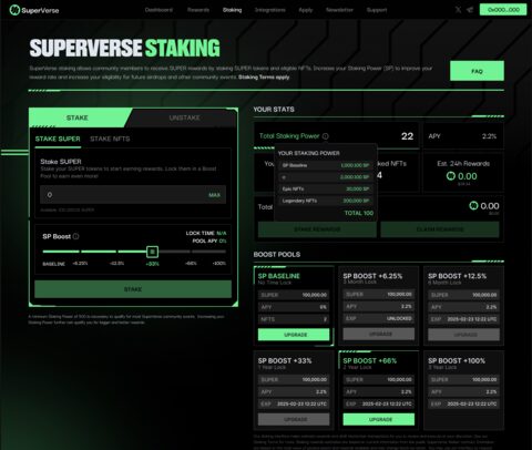SuperVerse staking v3 interface with stake tab, staking power, and boost pools
