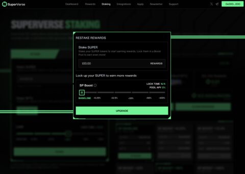 Restake rewards modal with lock time and boost controls