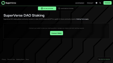 Public SuperVerse DAO staking portal with wallet connection and live TVL